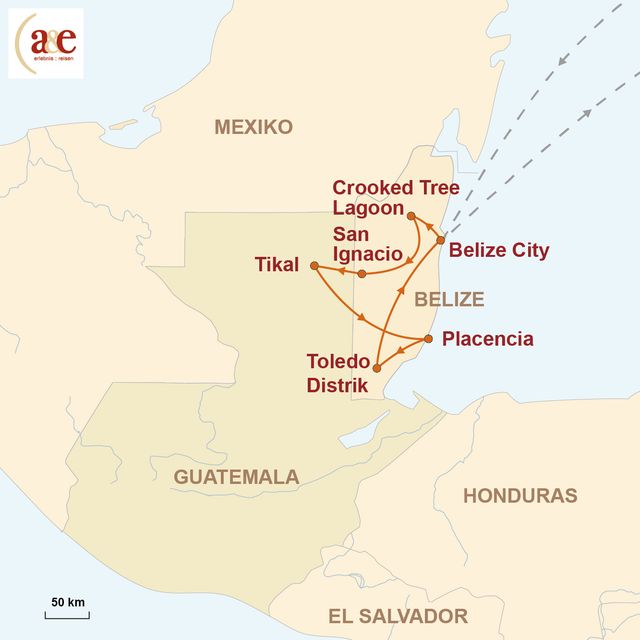 Reiseroute unserer Belize Reise Aktive Erlebnisreise durch Belize